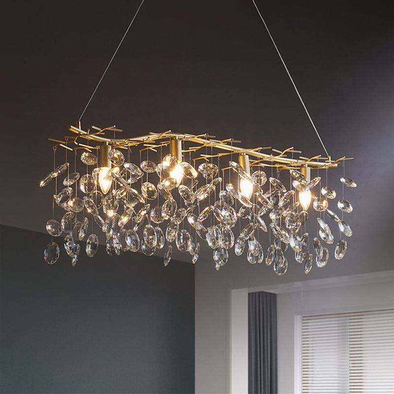 Lampada sospesa dell'isola di ramificazione oro Modernismo a pendolo metallico a 4-bulba con goccioline di cristallo