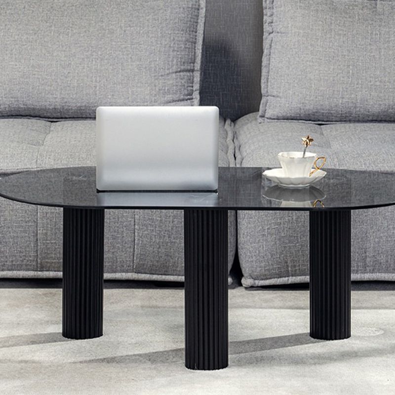 Contemporary Oval Glass Top Coffee Table with 3 Wooden Legs Cocktail Table