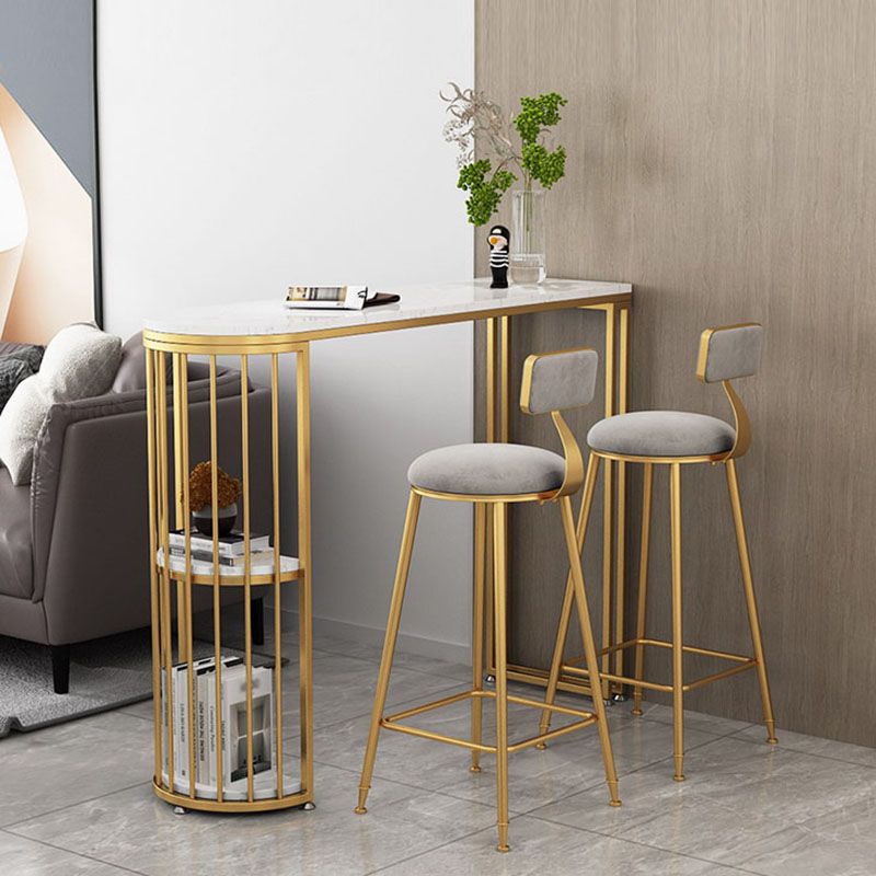 Faux Marble Indoor Glam Bar Dining Table Iron Double Pedestal Bistro Table with Shelve