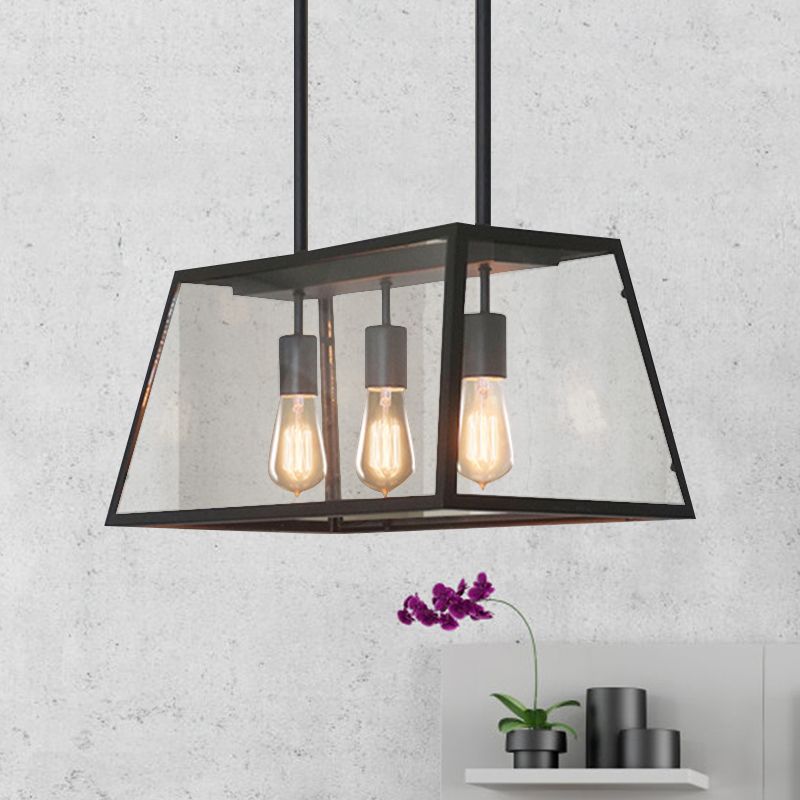 3-Bulb Clear Glass Hanging Light Kit Industrial Black Trapezoid Kitchen Island Lighting Fixture