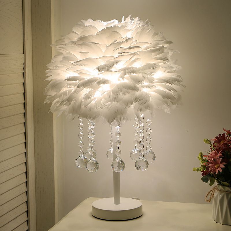 Hemisphere Feather Table Lamp Modern Single-Bulb Grey/White/Pink Night Light with Crystal Ball/Drop