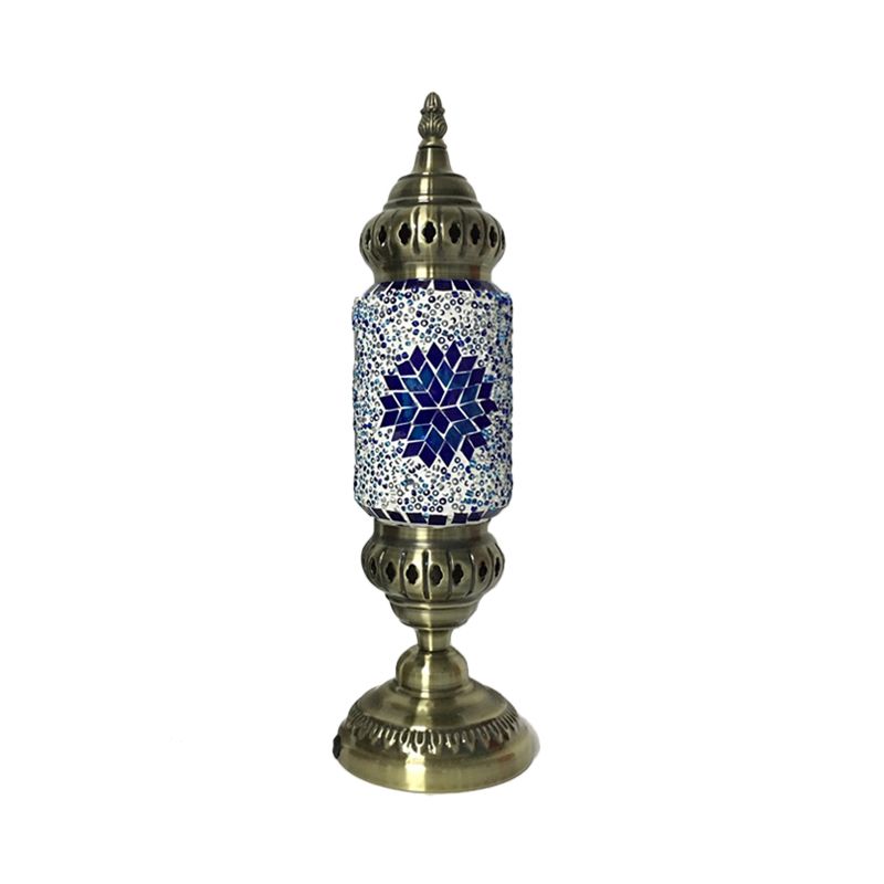 1 Glühbirnenzylinder -Taskbeleuchtungstradition rot/blaues Glas Nachttischlampe mit Messingmetallbasis