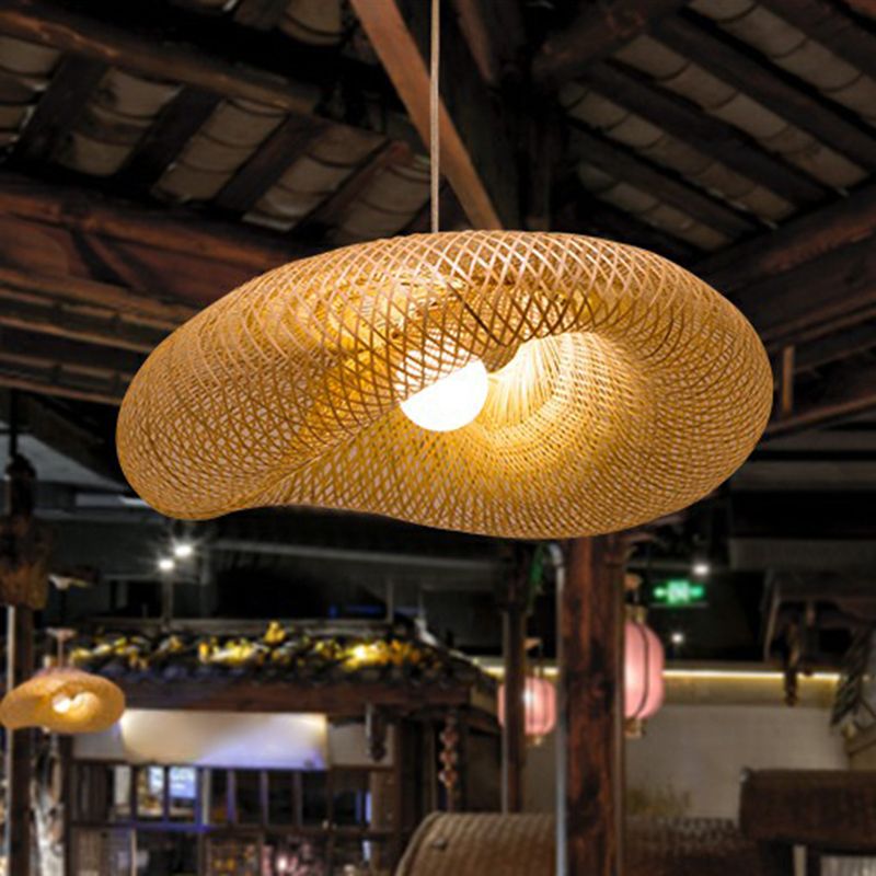 Beige Geometric Hanging Pendant Light Asia 1-Light Bamboo Suspension Lighting Fixture