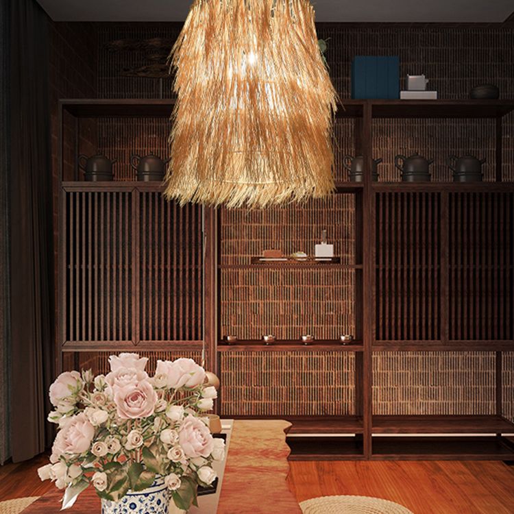Tassel Pendant Lighting Asian Inspired Rattan 1 Bulb Dining Room Hanging Lamp in Beige