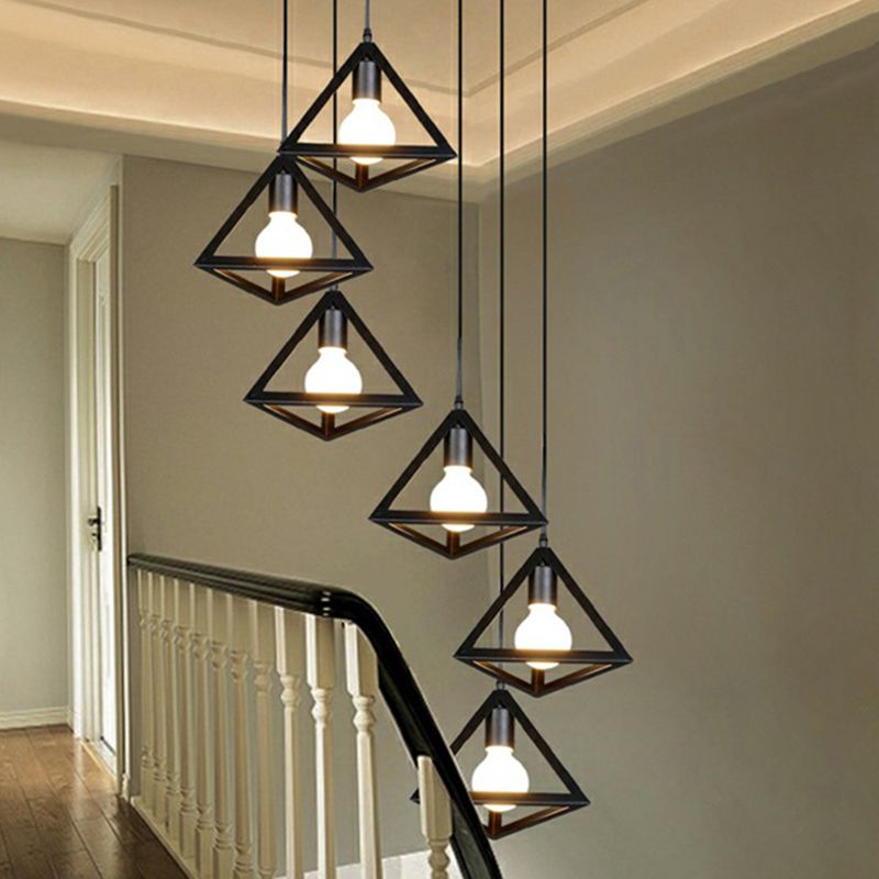 6-Light Cluster Pendant Loft Style Stairs Ceiling Lamp with Tetrahedron Cage Metal Shade in Black