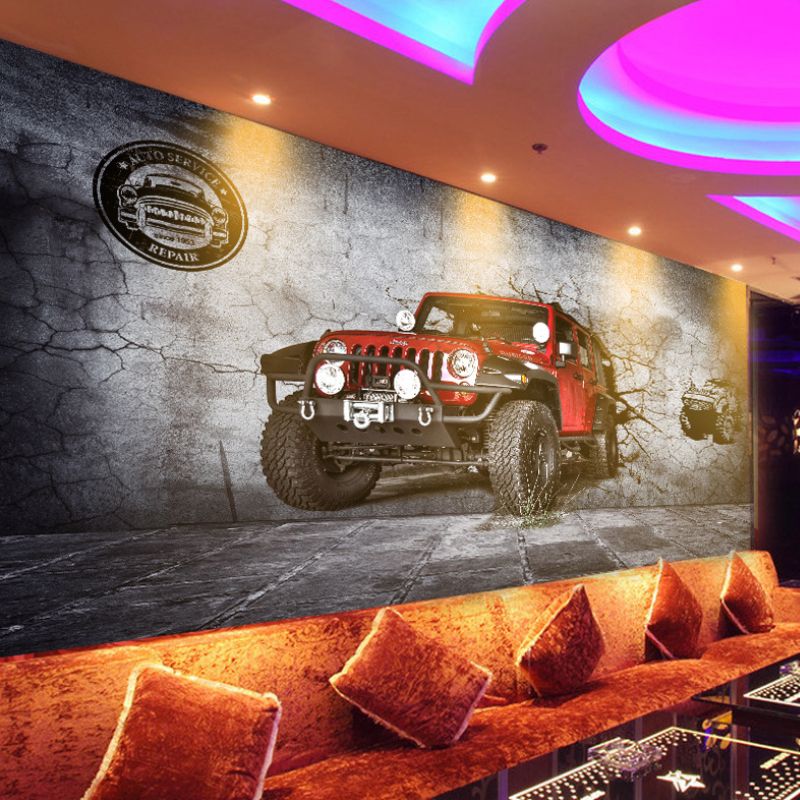Whole Jeep Wall Art for Coffee Shop Cement Wall Mural in Grey and Red, Stain-Resistant