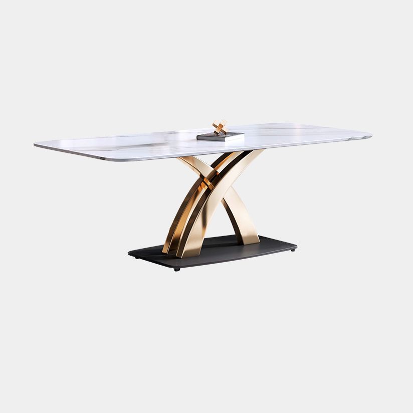Contemporary Style Sintered Stone Dining Table with White Fixed Table and Gold Trestle Base
