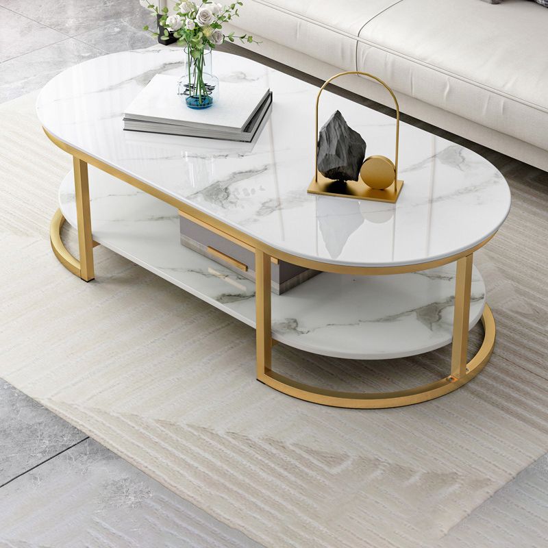 Contemporary Oval Glass Top Cocktail Table with Golden Base and Shelf