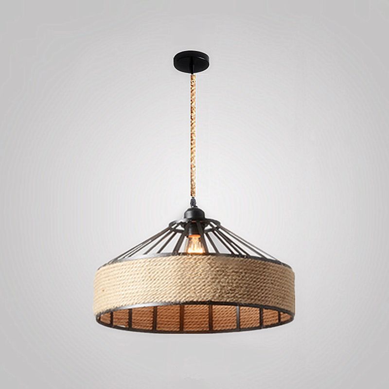 1 Head Suspension Lighting Farmhouse Rope Barn Shade Metal Drop Lamp in Black for Dining Room
