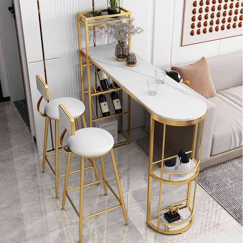 Stone Indoor Glam Bar Dining Table Iron Double Pedestal Bistro Table with Wine Rack