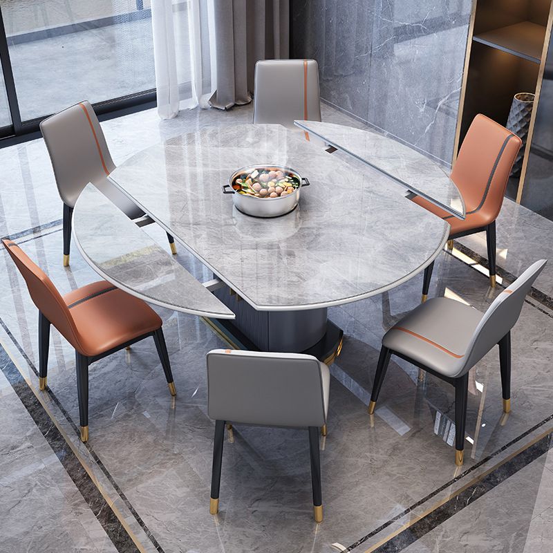 Foldable Modern Sintered Stone Dining Room Set with Round Top and Pedestal Base Furniture