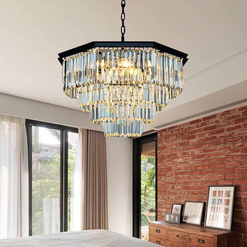 4 Tiers Living Room Suspension Pendant Traditional Clear/Amber Three Sided Crystal Rod 11 Heads Chandelier Light