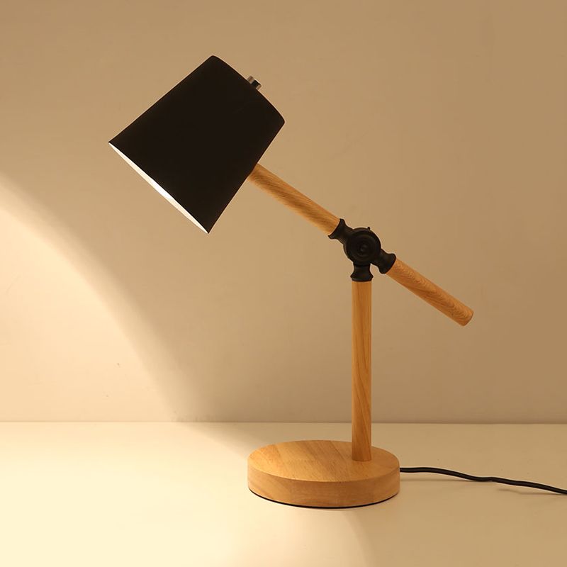 Holzschwung Arm Tischlampe Nordic 1 helles Nachttischlicht mit Fassschatten in Schwarz/Weiß/Rosa