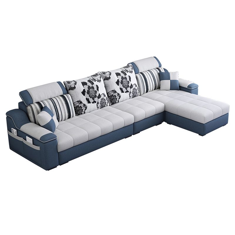 Pillow Top Linen Sofa & Chaise 31.5" H Loose Back Sofa in Grey and Blue