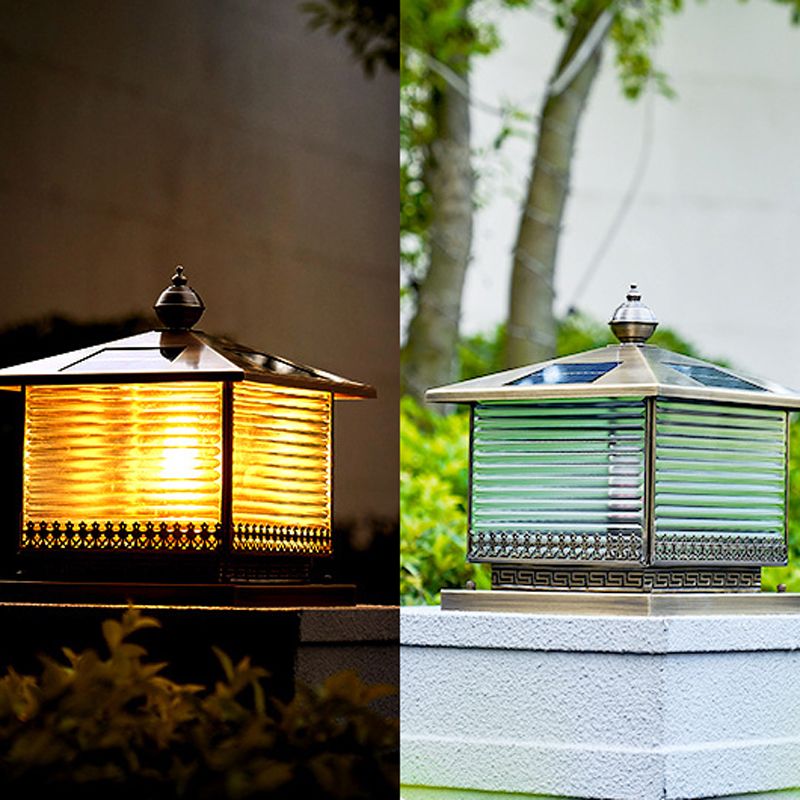 Rectangle Shape Metal Pillar Lamp Modern Style 1 Light Solar Outdoor Light in Brass