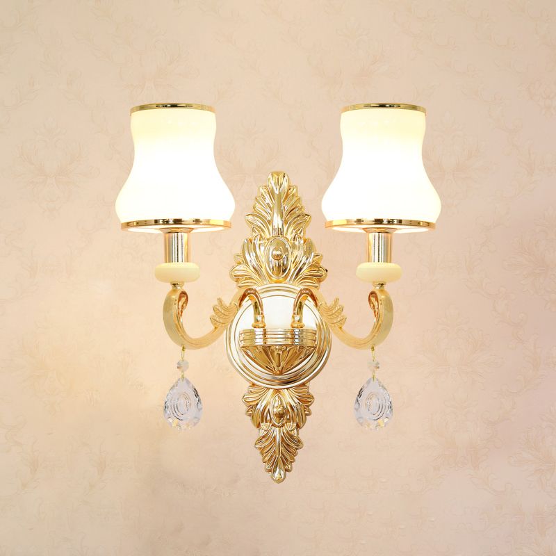 Bud Shade Opal Glass Wall Light Classic Living Room Wall Lighting Fixture with K9 Crystal Accent in Gold