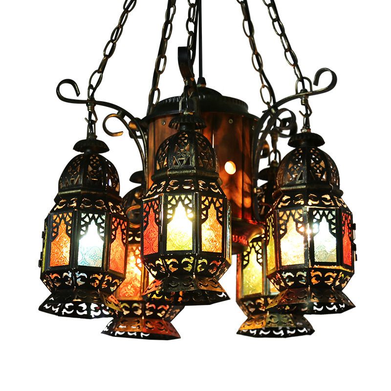 6 Heads Metal Hanging Lighting Arab Style Bronze Lantern Restaurant Ceiling Chandelier