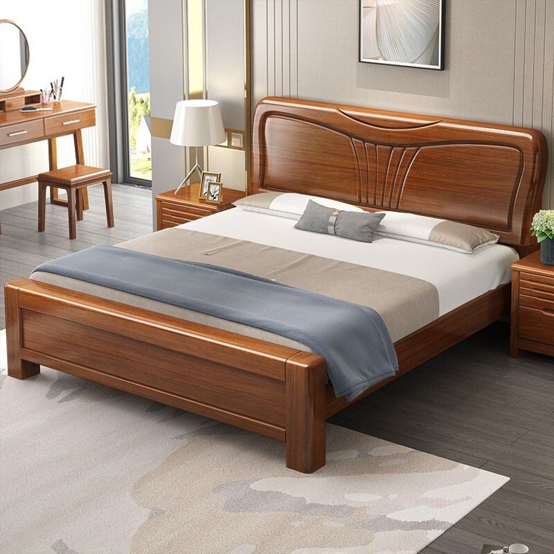 Traditional Style Bed Frame Walnut Standard Bed with Headboard