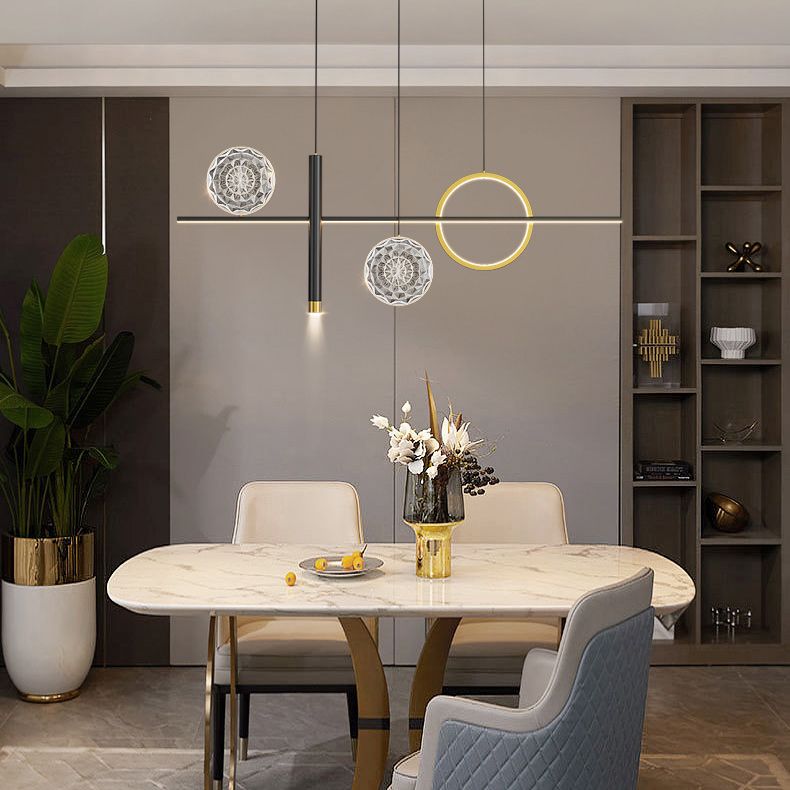 Nordic Linear Island Chandelier Light Metal Dinning Room LED Island Light Fixture in Gold-Black