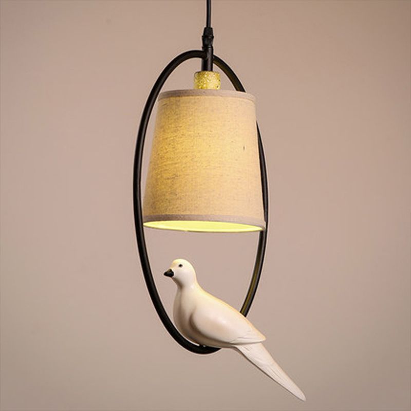 Vintage Bucket Ceiling Light Fabric Hanging Pendant Light with Resin Bird Decor in White