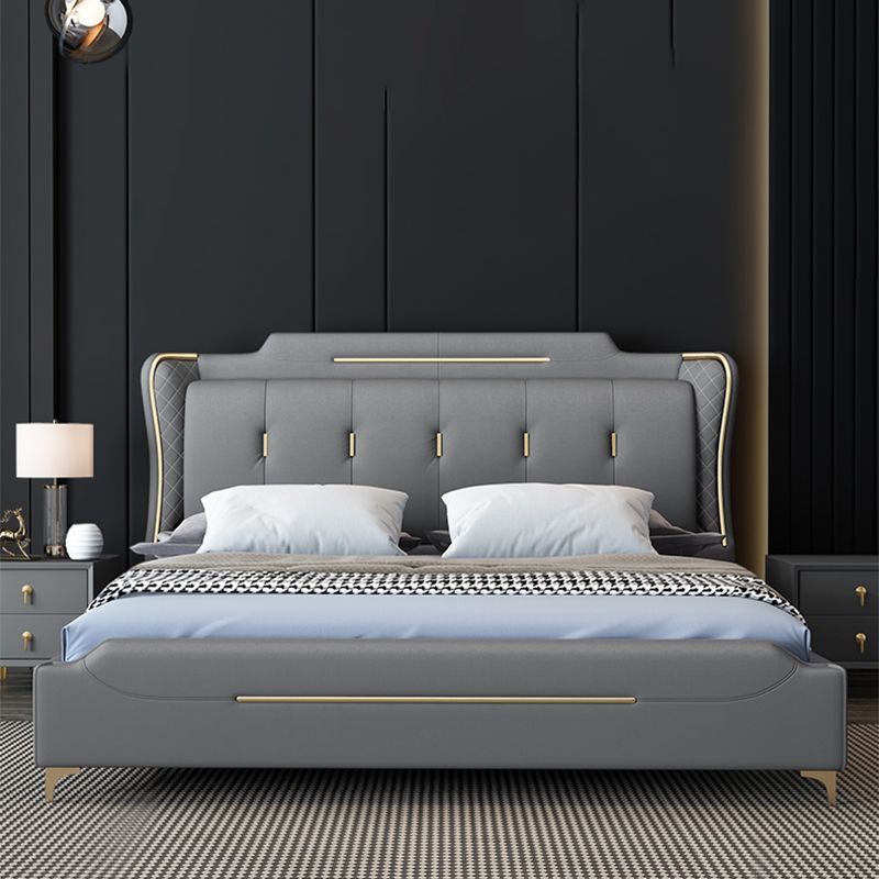 Faux Leather Glam Panel Bed with Wooden Upholstered Headboard