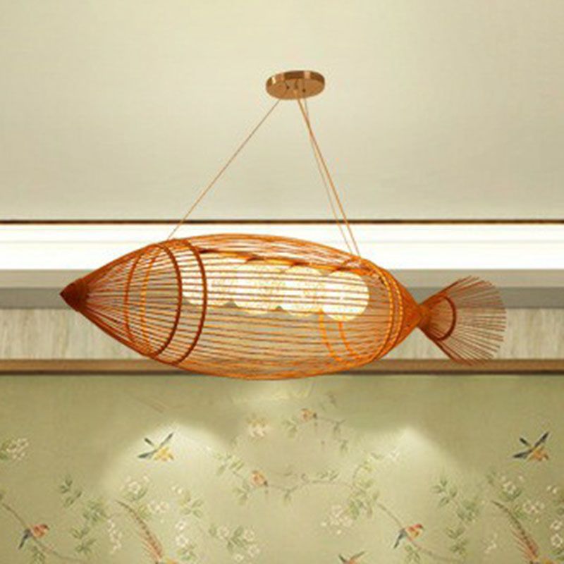 Handwoven Fish Asian Style Suspension Light Bamboo Restaurant Chandelier Light in Wood