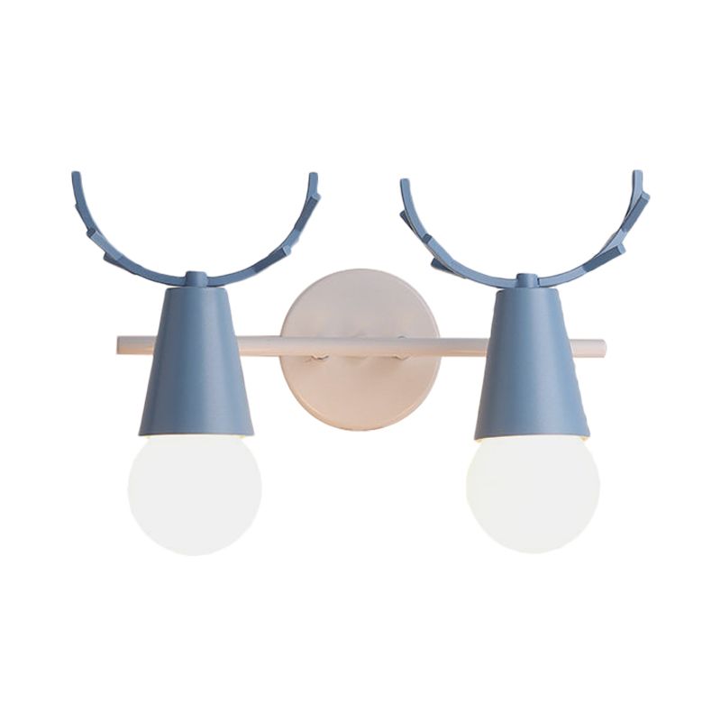 2 Heads Cone Wall Light with Antlers Contemporary Metal Wall Sconce for Study Room