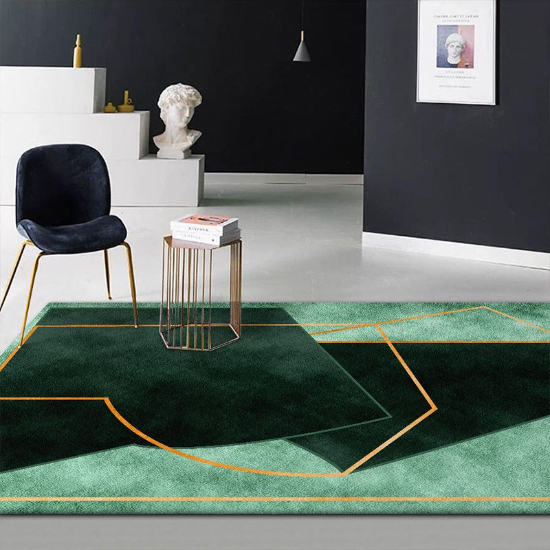 Green Bedroom Rug Modern Color Block Geometry Line Pattern Area Rug Polyester Stain-Resistant Carpet