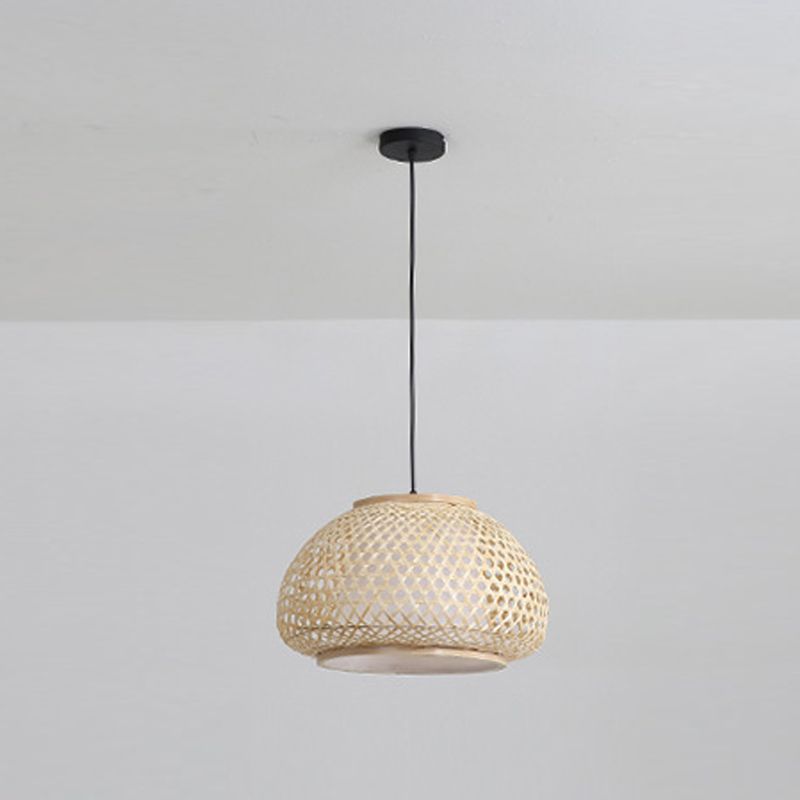 Asiatische 1-Licht-Drop-Lampe Beige Lantern Bambus Anhänger Licht für Tea Room