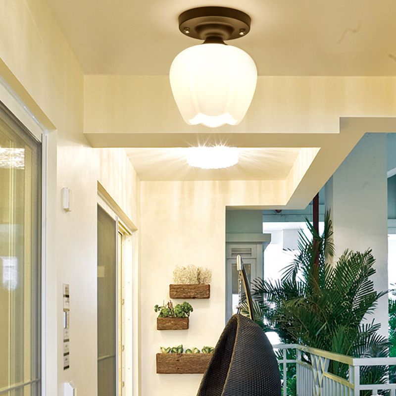 Glass Shade Semi Flush Mount Light Modern Aisle Semi Flush Mount Ceiling Lighting in Black
