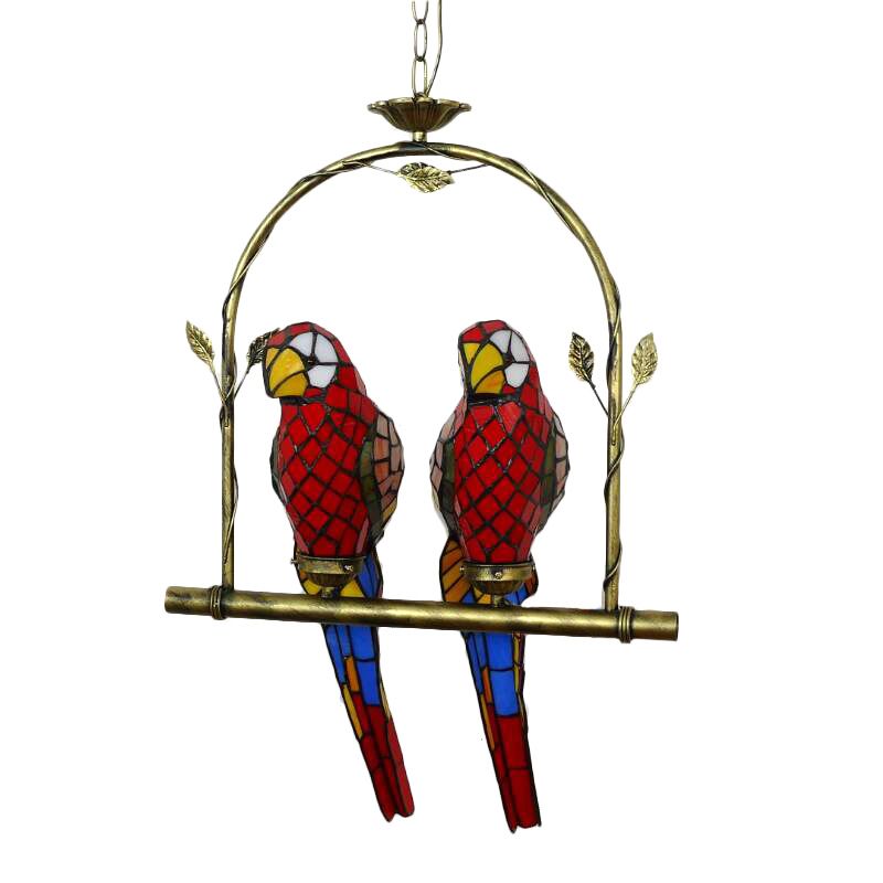 Parrot Stainless Glass Pendant Lamp Tiffany Stylish 2 Lights Red/Red and Yellow Hanging Ceiling Light with Perch Swing