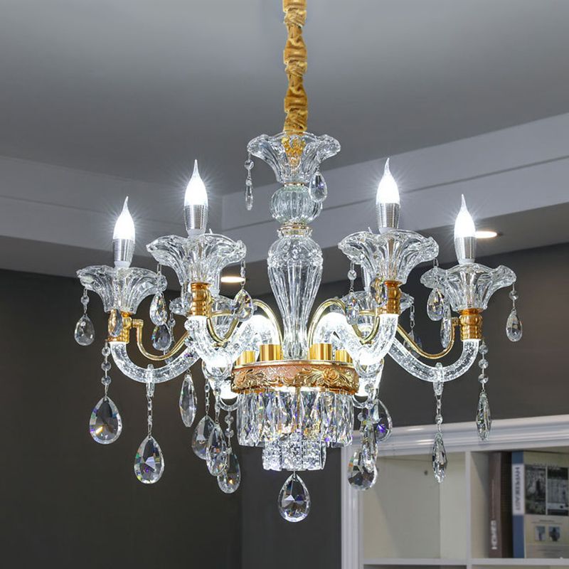 Duidelijke Crystal Gold Suspension Lamp Candlestick 6 Heads Traditionele kroonluchter verlichting voor Hall