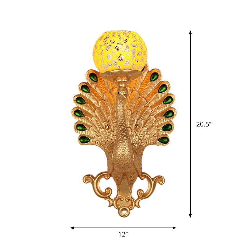 Country Bubble Wall Lighting 1 Light Crackle Glass Wall Mounted Lamp with Peacock Detail in Gold