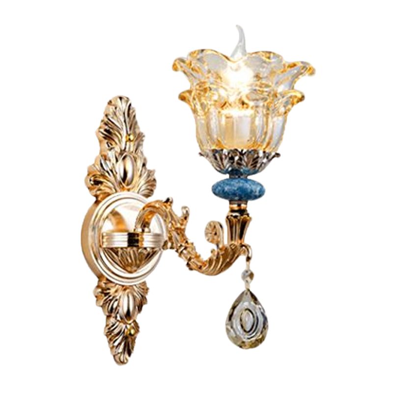 2-Layer Flower Crystal Wall Lamp Kit Traditional 1/2-Bulb Bedside Wall Mount Lighting in Gold
