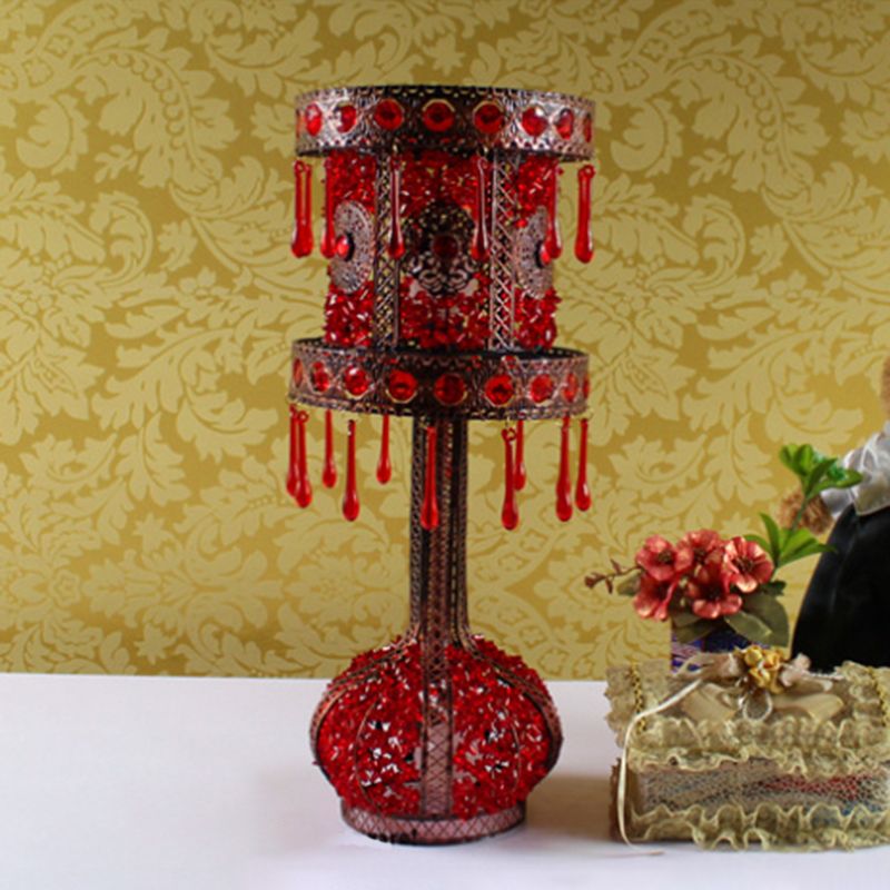 Mesa de noche de cilindro rojo Luz Bohemian Metal 2 Bulbos de la sala de estar Iluminación con decoración acrílica