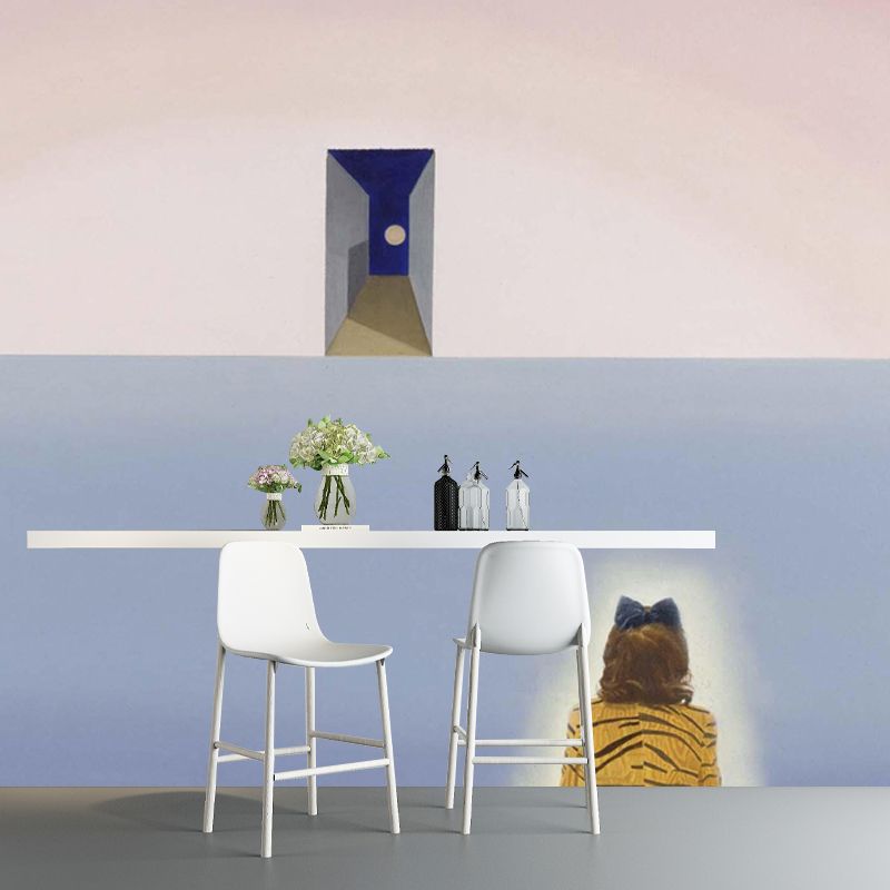 Large Woman and Door Mural Moisture Resistant Surrealism Bedroom Wall Art in Blue