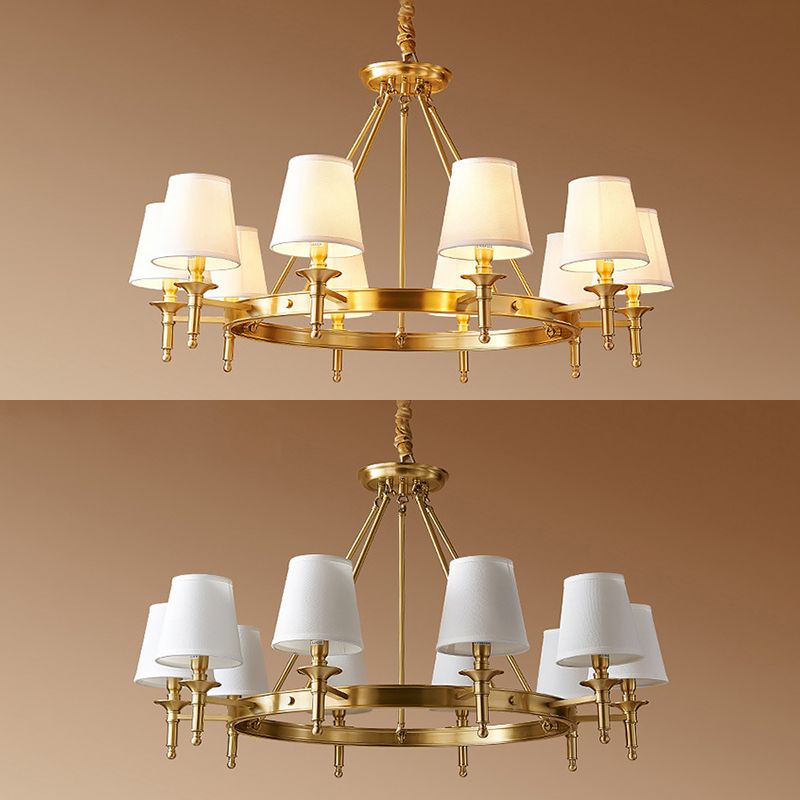 Post-Modern Wagon Wheel Hanging Chandelier Light White Linen Shade Ceiling Chandelier in Gold for Dining Table