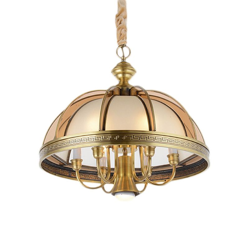 7 Bulbs Bowl Hanging Chandelier Colonial Brass Frosted Glass Ceiling Suspension Lamp for Kitchen, 16.5"/20.5" Wide