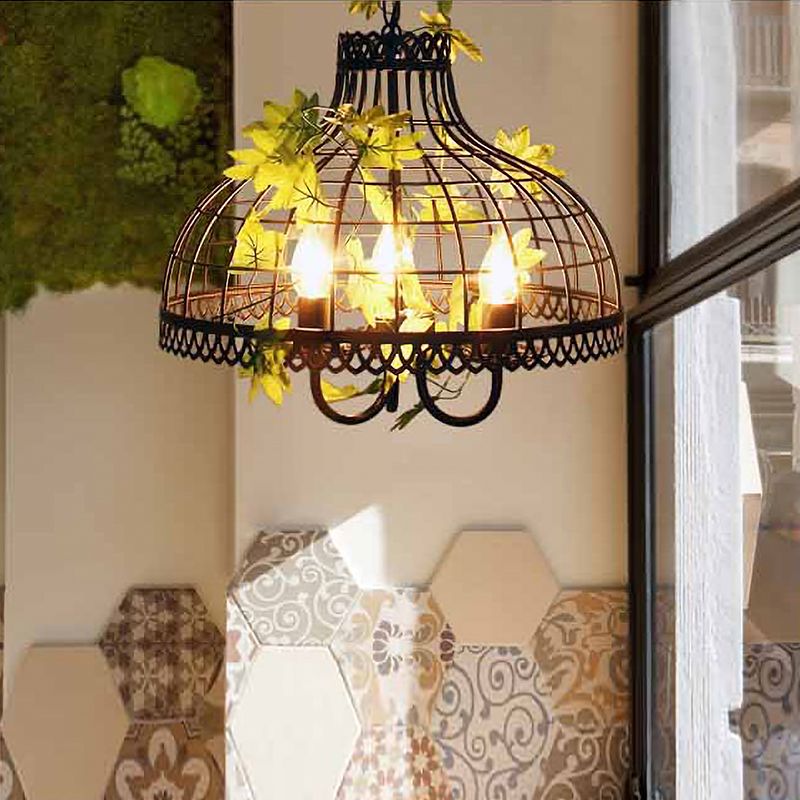 Metal Dome Ceiling Pendant Light Industrial 3 Heads Restaurant Hanging Chandelier with Flower Decoration in Black