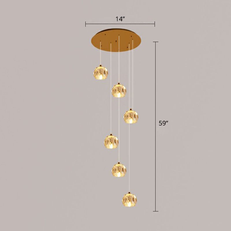 Faceted Cut Crystal Ball Ceiling Lamp Minimalist Golden Cluster Pendant Light for Stairs