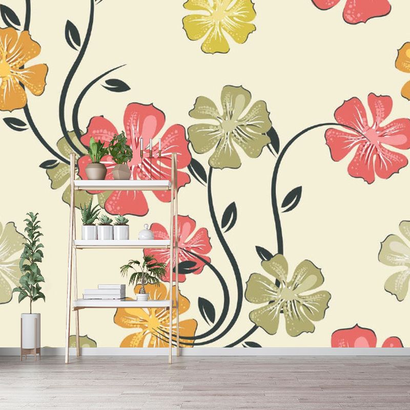 Full Size Flower Print Mural Wallpaper Red-Yellow-Green Non-Woven Wall Art, Washable, Custom Made