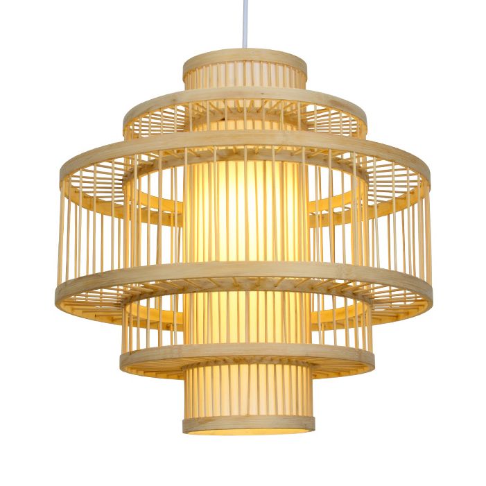 Modernist gestufte Bambushängeanhänger mit Zylinderschatten 19,5 "/23,5" W 1 Licht Deckenlampe in Beige
