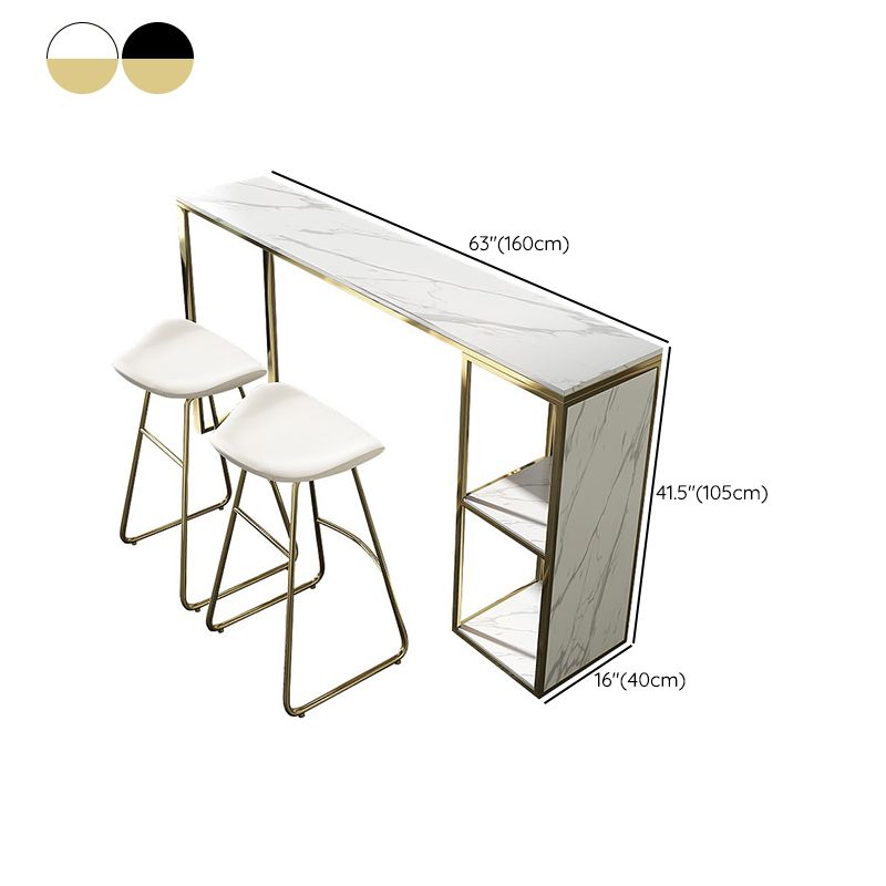 Glam Rectangle Bar Table Faux Marble Double Pedestal Table with Storage