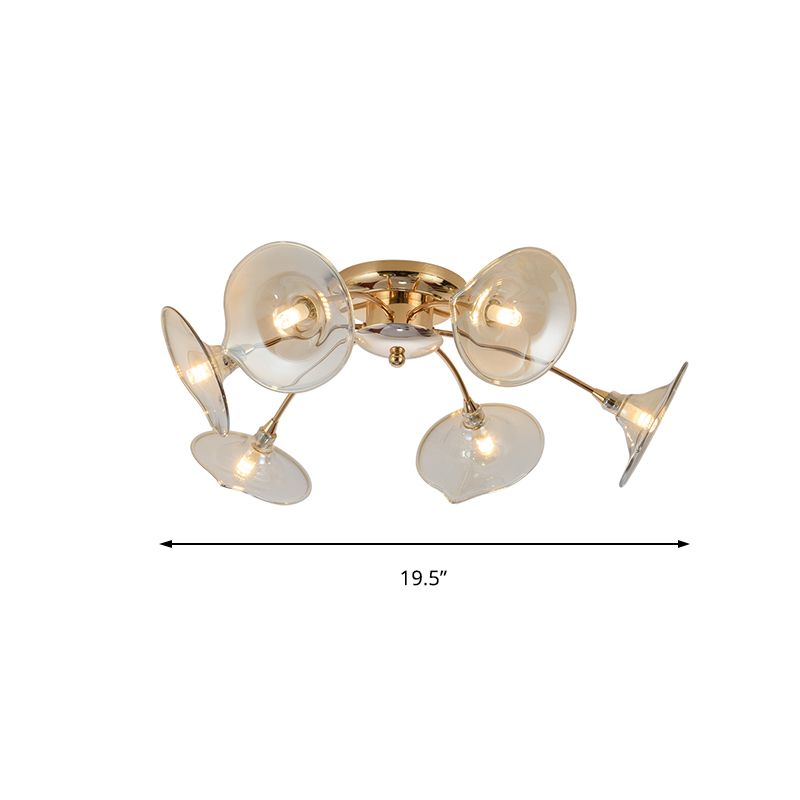 6 luces Lámpara de montaje de semi rascillo con tono de vidrio de trompeta lámpara de techo de oro nórdico