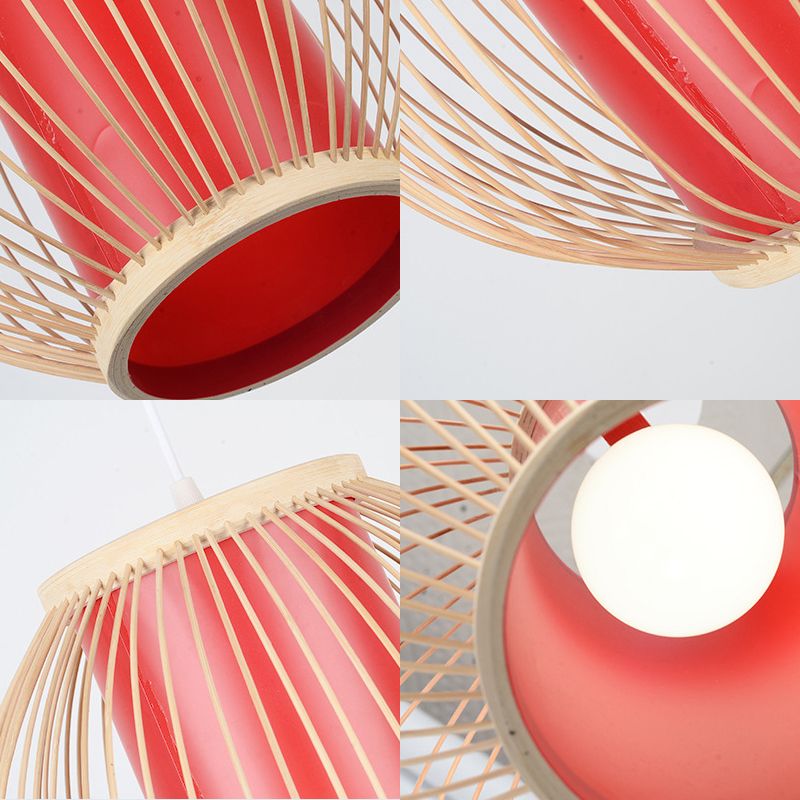 Luz de lámpara colgante de cocina global bambú 1 lámpara de suspensión de estilo chino ligero con sombra de cilindro rojo interno