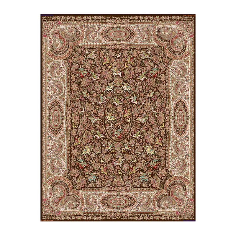 Brown Vintage Rug Polyester Medallion Rug Non-Slip Backing Rug for Home Decor