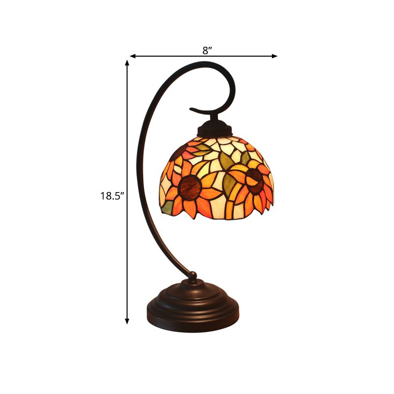 1 Bulb Night Lamp Mediterranean Sunflower Stained Glass Nightstand Light in Dark Coffee with Swirl Arm