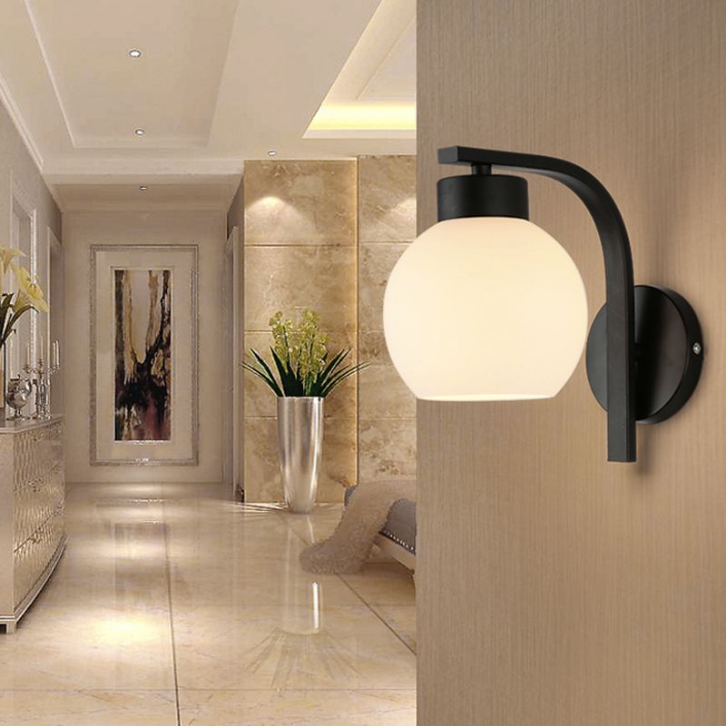 Black Domed Wall Lamp Modern 1-Light White Glass Wall Mounted Light for Stairs