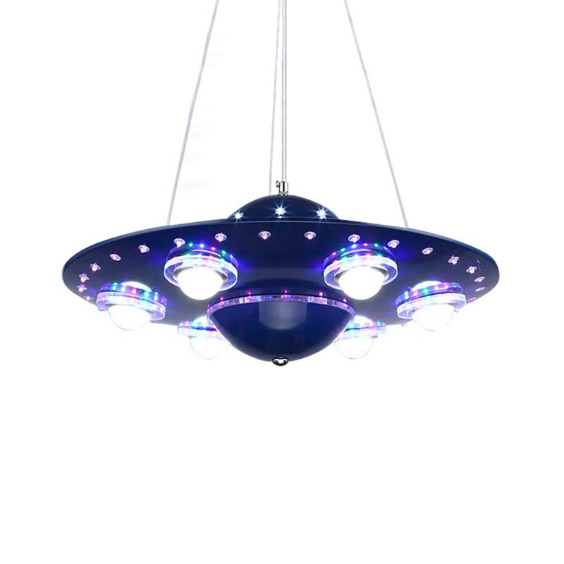 Il piattino volante in metallo appeso il lampadario cartone animato integrato a sospensione Luce a soffitto in argento/blu scuro