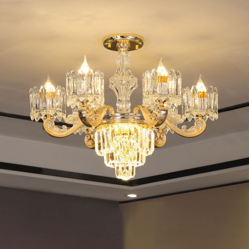 Cylindrical Shaped Living Room Chandelier Light Retro Clear Glass Gold Pendant Light with Layered Crystal Decor